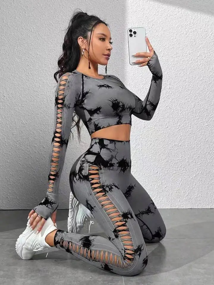Tie dye Sports Set Women Long Sleeves Yoga Shirt High Waist Scrunch Push Up leggings yoga set Quick Dry Fitness Workout Set