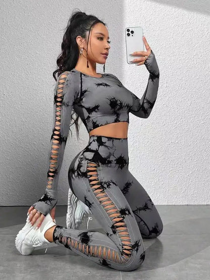 Tie dye Sports Set Women Long Sleeves Yoga Shirt High Waist Scrunch Push Up leggings yoga set Quick Dry Fitness Workout Set